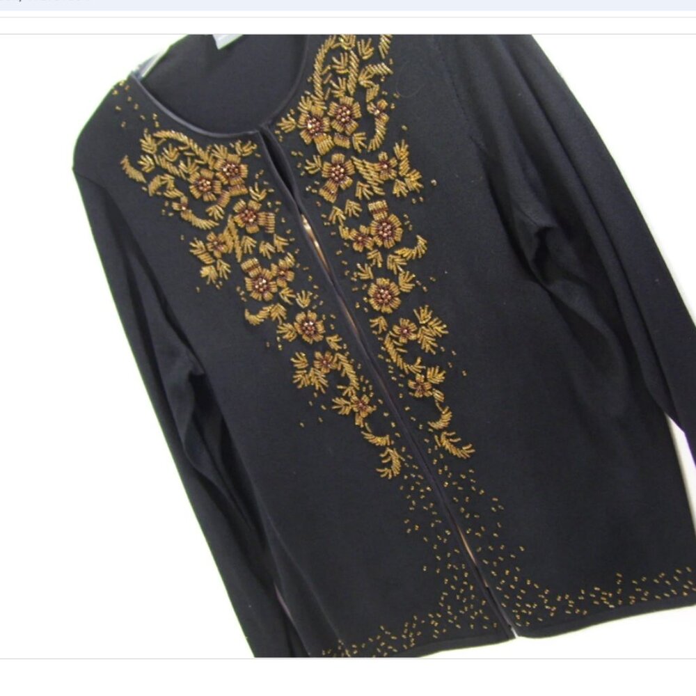 Ann Taylor, Sweater Cardigan, Knit Black, Long Sleeve, Gold Beading, Dressy NWOT